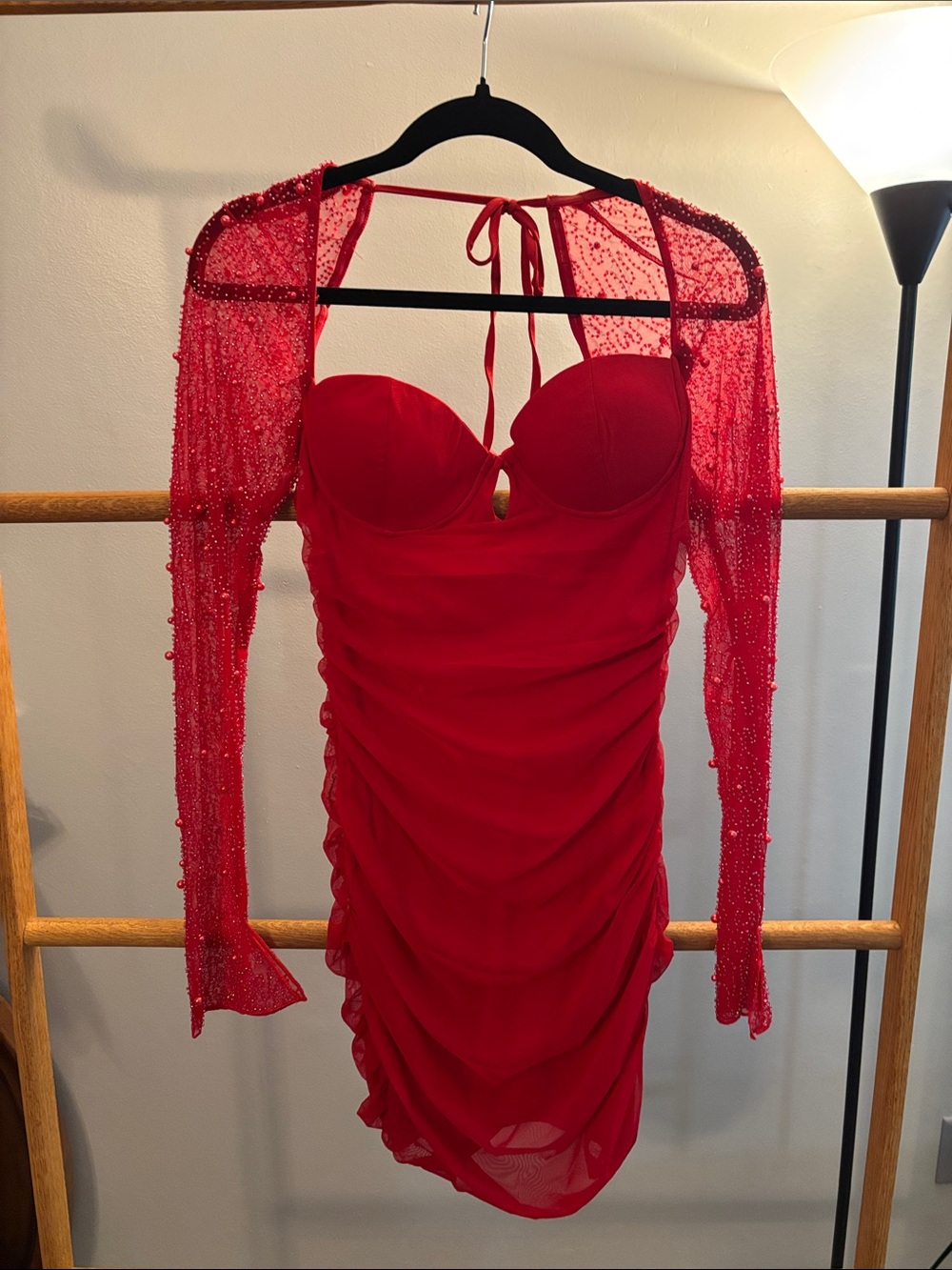 The Vintage Shop Red Beaded Sleeve Ruched Mini Dress